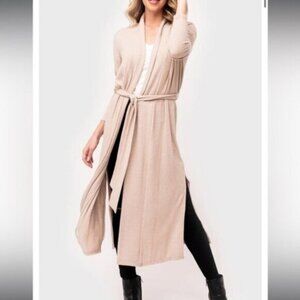 Gibson Look Cozy Fleece Long Belted Cardigan Almond Tan Beige Nude Size Small